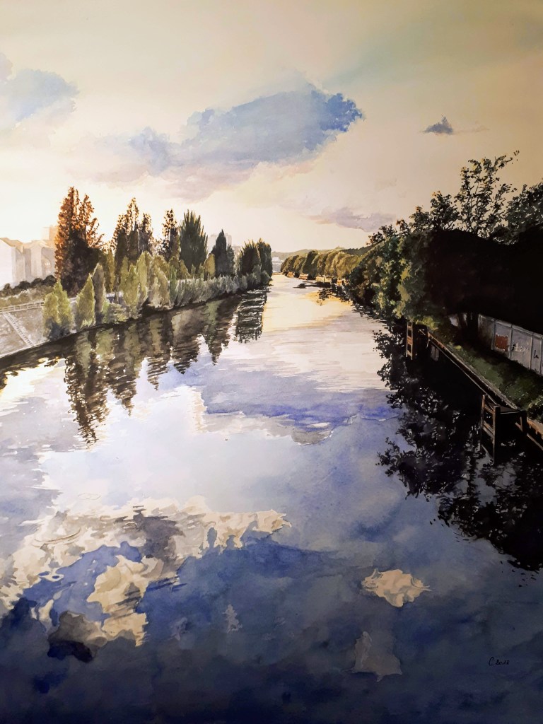aquarelle paysage bords de Marne péniches