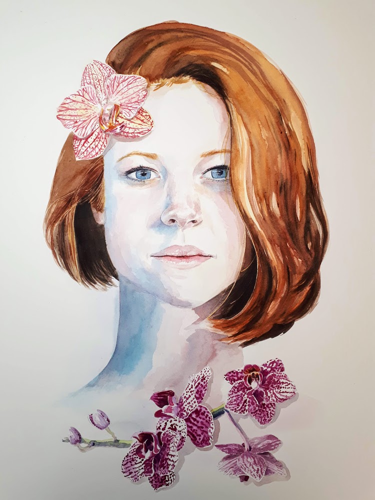 aquarelle visage délicat et orchidées