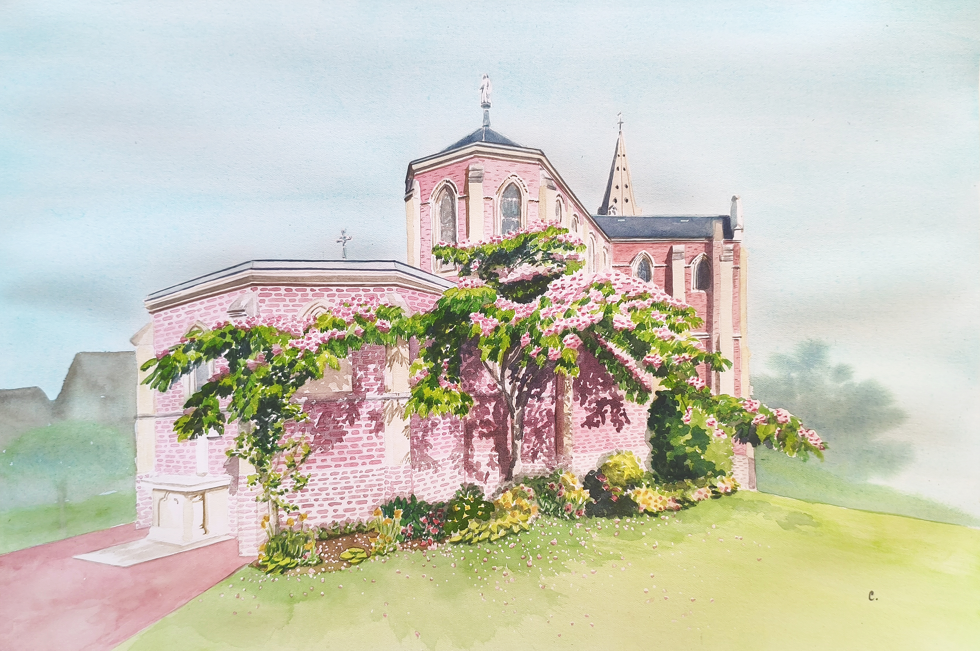 Aquarelle de Normandie Arbre à soie, arbre à foi Houlgate