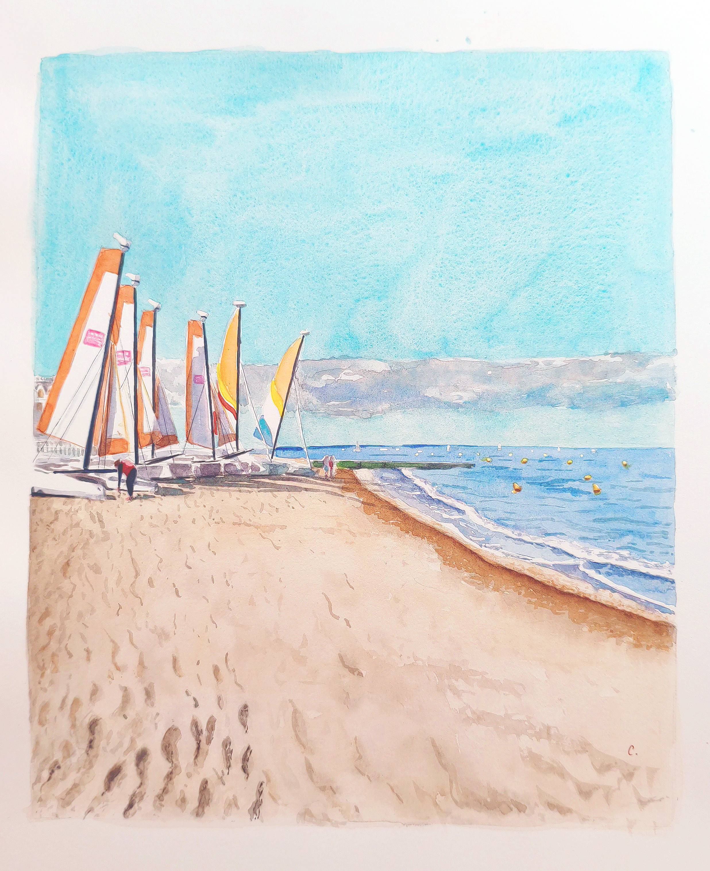 Aquarelle Normandie Houlgate école de voile