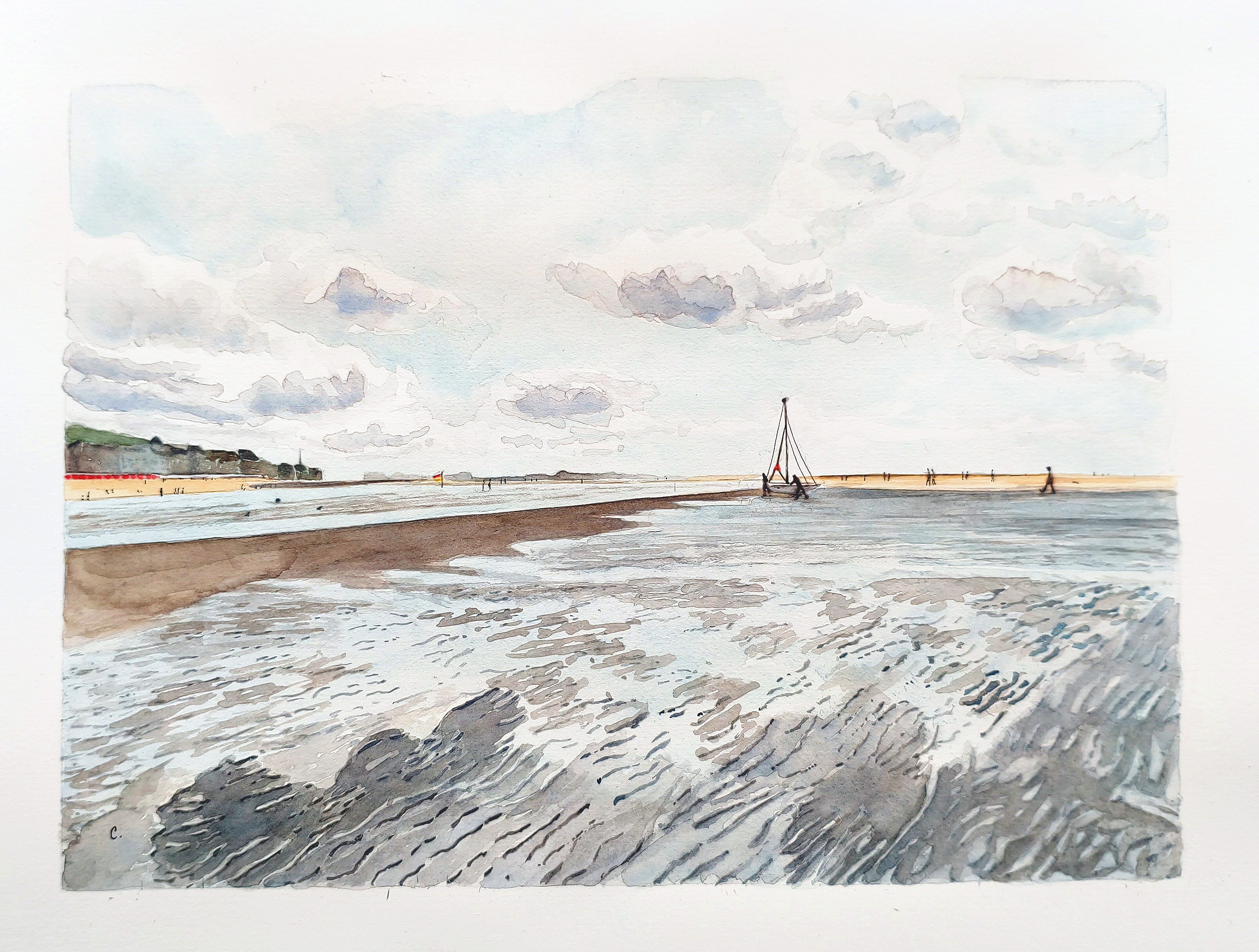 Aquarelle Normandie Houlgate marée basse