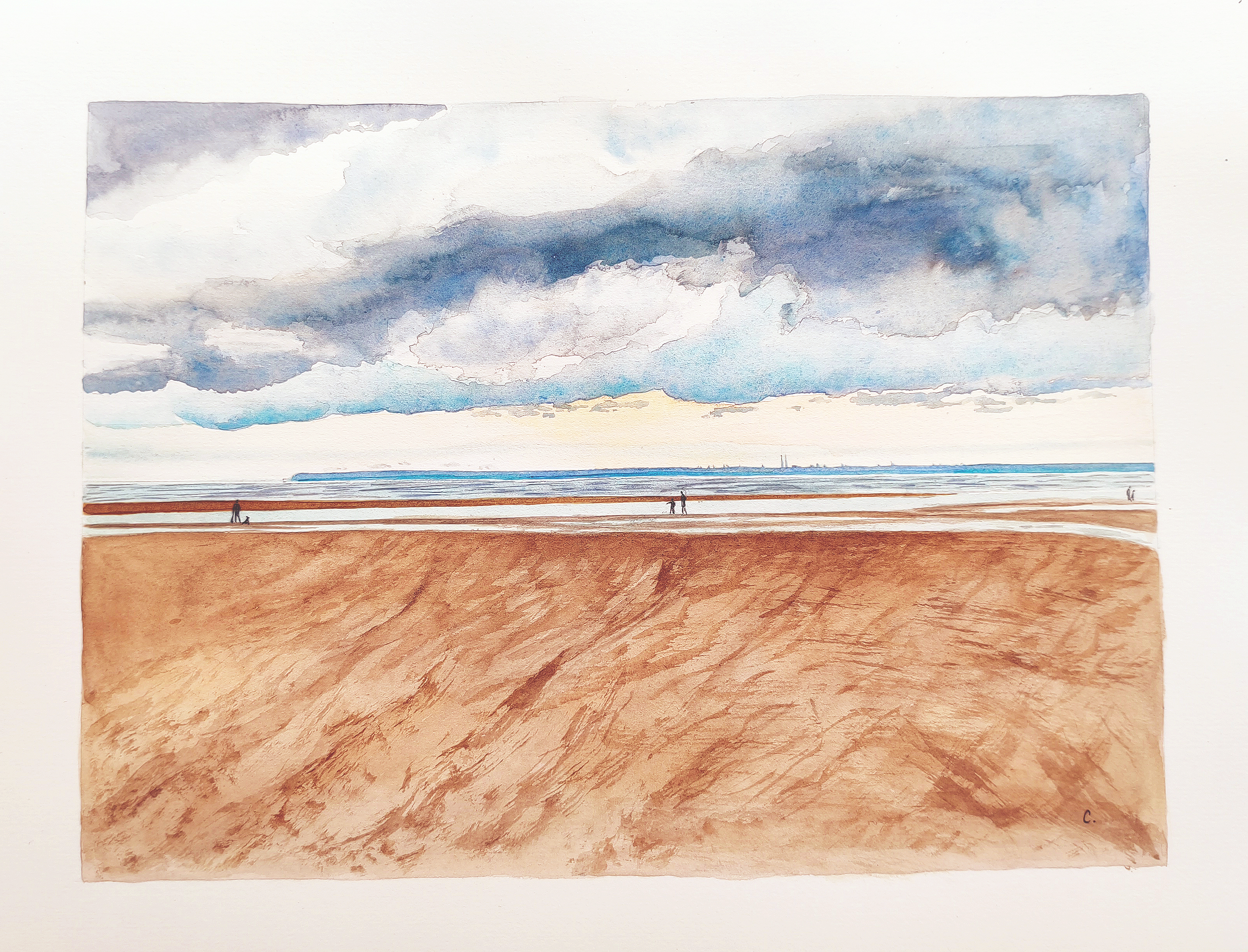 Aquarelle Normandie Houlgate au loin le Havre marée basse