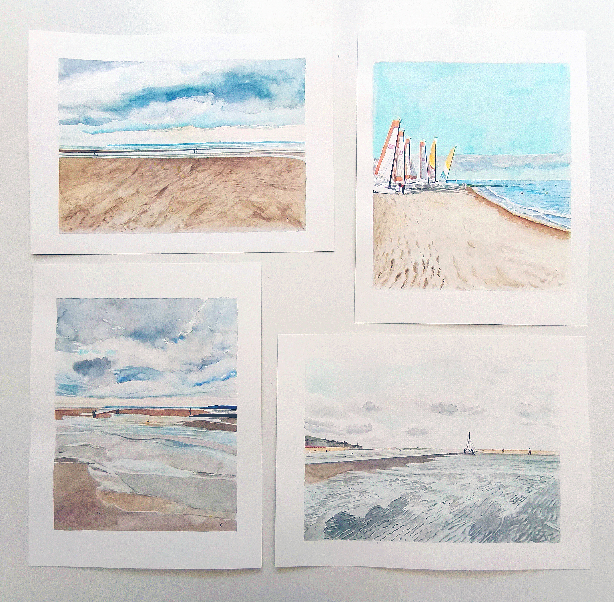 Aquarelles Normandie Houlgate école de voile Marée basse