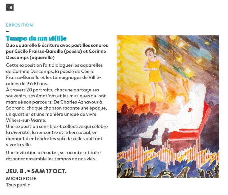 Tempo de ma vi(ll)e
Corinne Descamps
Exposition Aquarelles
Villiers-sur-Marne
Octobre et novembre 2026